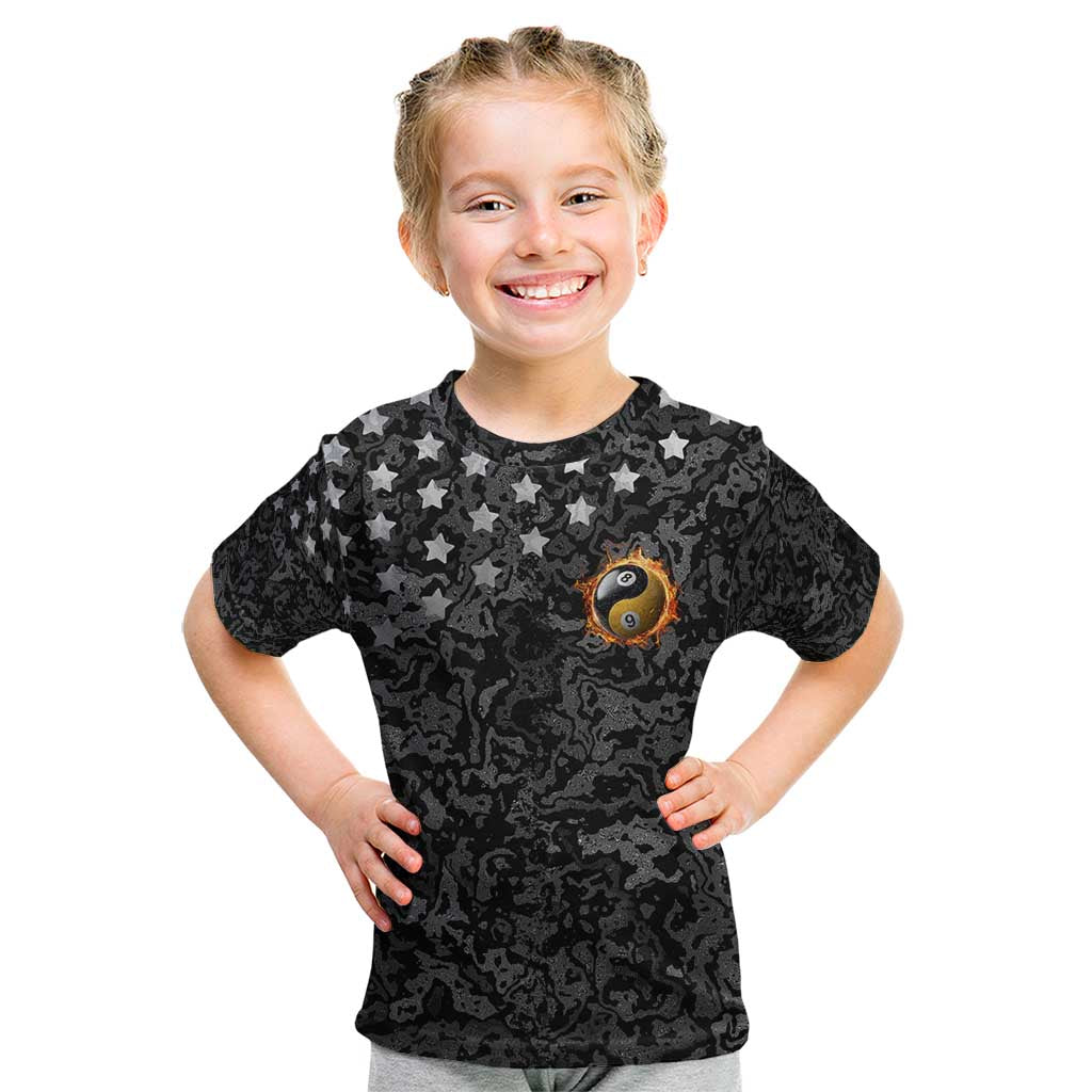 Personalized Yin Yang Billiards Kid T Shirt 8 Ball and 9 Ball in Fiery Black Camo Pattern - Wonder Print Shop