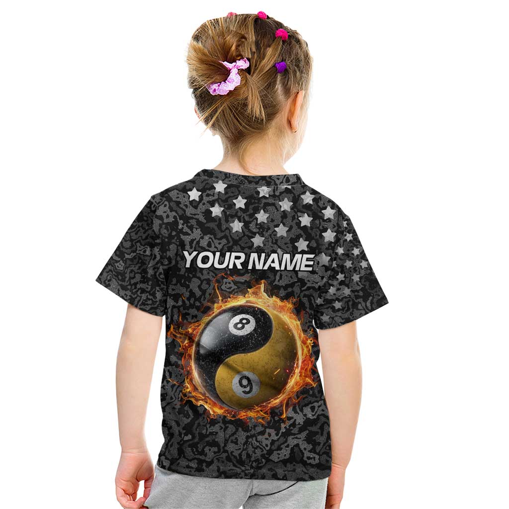 Personalized Yin Yang Billiards Kid T Shirt 8 Ball and 9 Ball in Fiery Black Camo Pattern - Wonder Print Shop