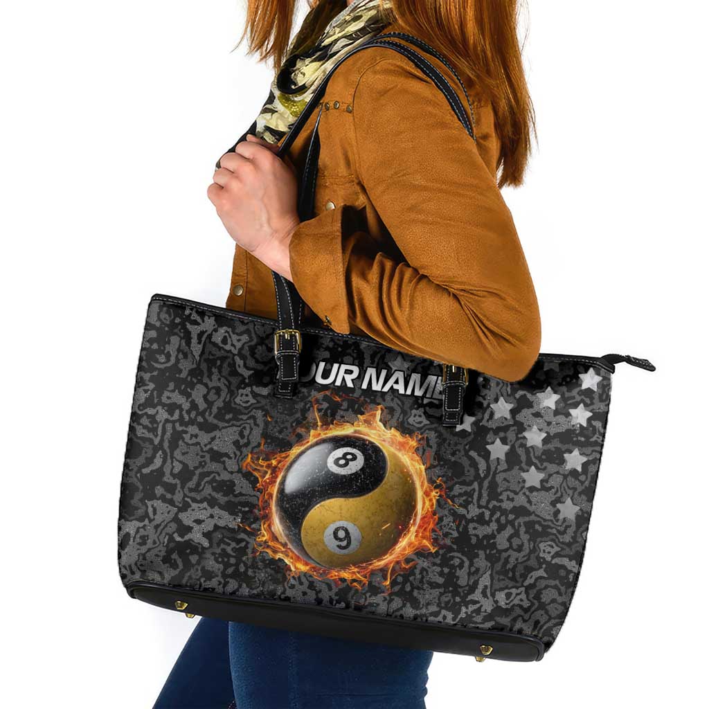Personalized Yin Yang Billiards Leather Tote Bag 8 Ball and 9 Ball in Fiery Black Camo Pattern - Wonder Print Shop