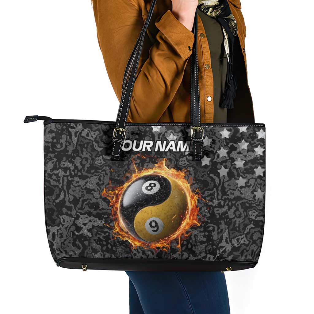 Personalized Yin Yang Billiards Leather Tote Bag 8 Ball and 9 Ball in Fiery Black Camo Pattern - Wonder Print Shop