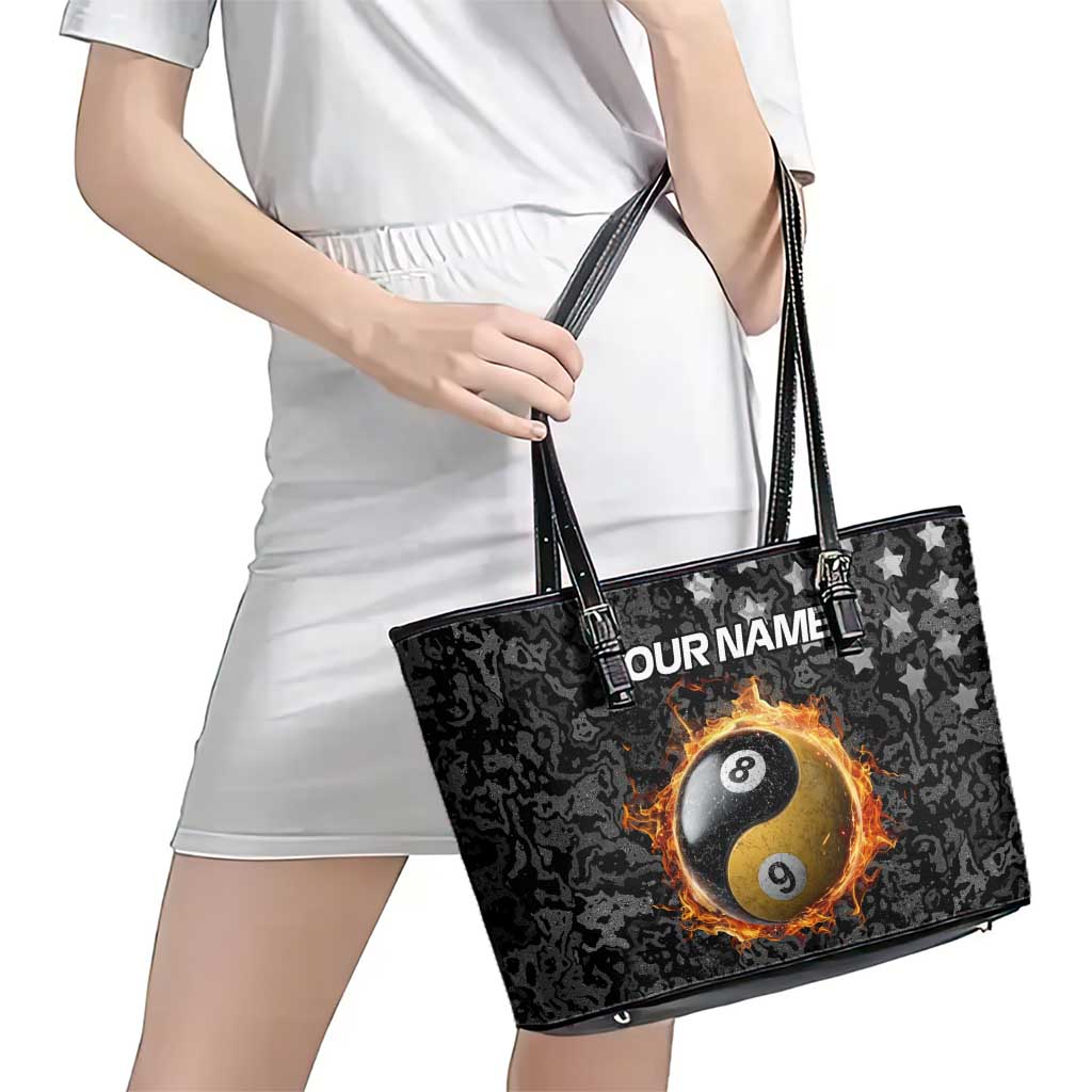 Personalized Yin Yang Billiards Leather Tote Bag 8 Ball and 9 Ball in Fiery Black Camo Pattern - Wonder Print Shop