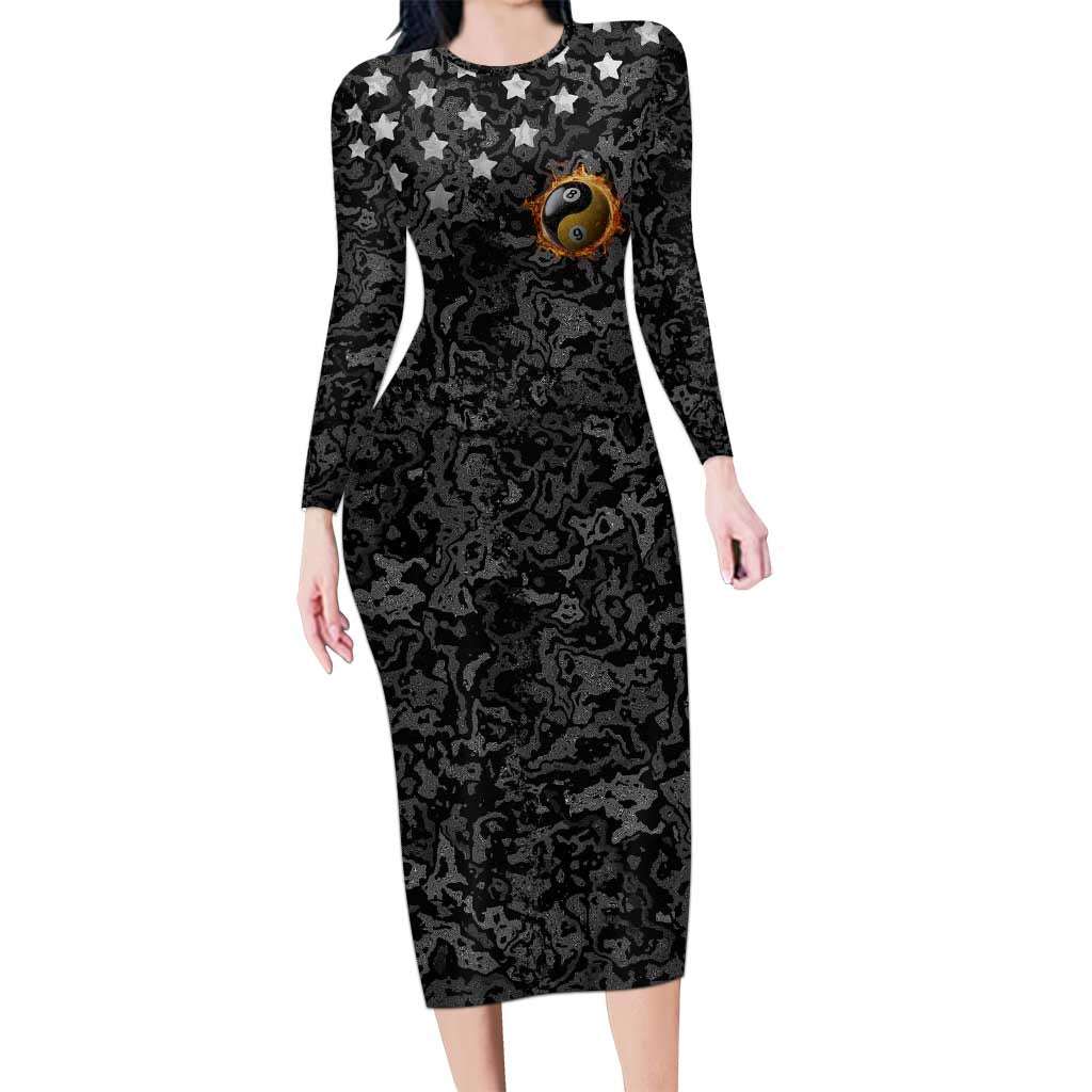 Personalized Yin Yang Billiards Long Sleeve Bodycon Dress 8 Ball and 9 Ball in Fiery Black Camo Pattern - Wonder Print Shop