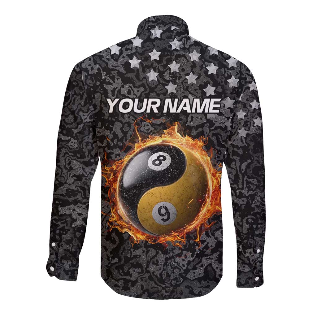 Personalized Yin Yang Billiards Long Sleeve Button Shirt 8 Ball and 9 Ball in Fiery Black Camo Pattern - Wonder Print Shop