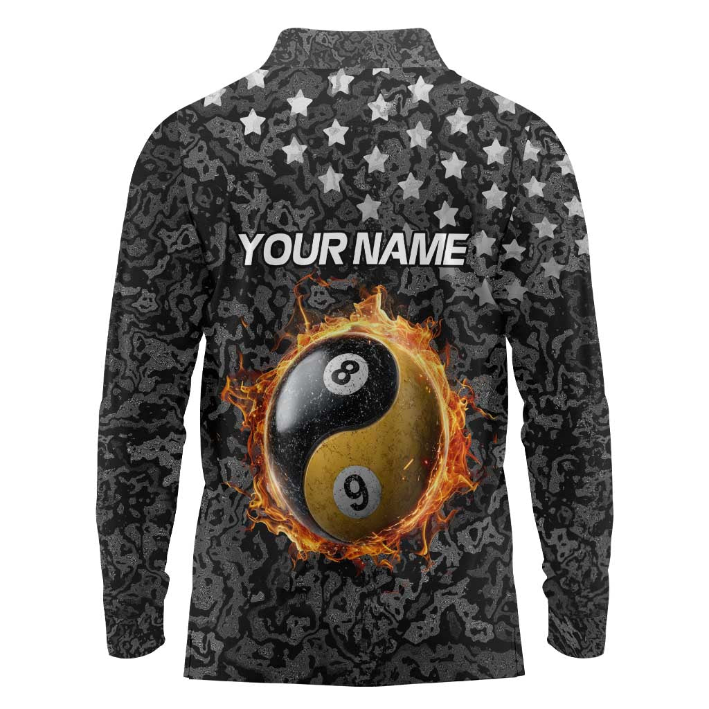 Personalized Yin Yang Billiards Long Sleeve Polo Shirt 8 Ball and 9 Ball in Fiery Black Camo Pattern - Wonder Print Shop