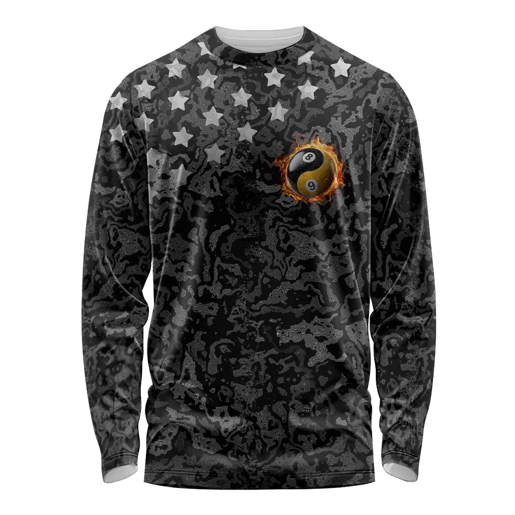 Personalized Yin Yang Billiards Long Sleeve Shirt 8 Ball and 9 Ball in Fiery Black Camo Pattern - Wonder Print Shop