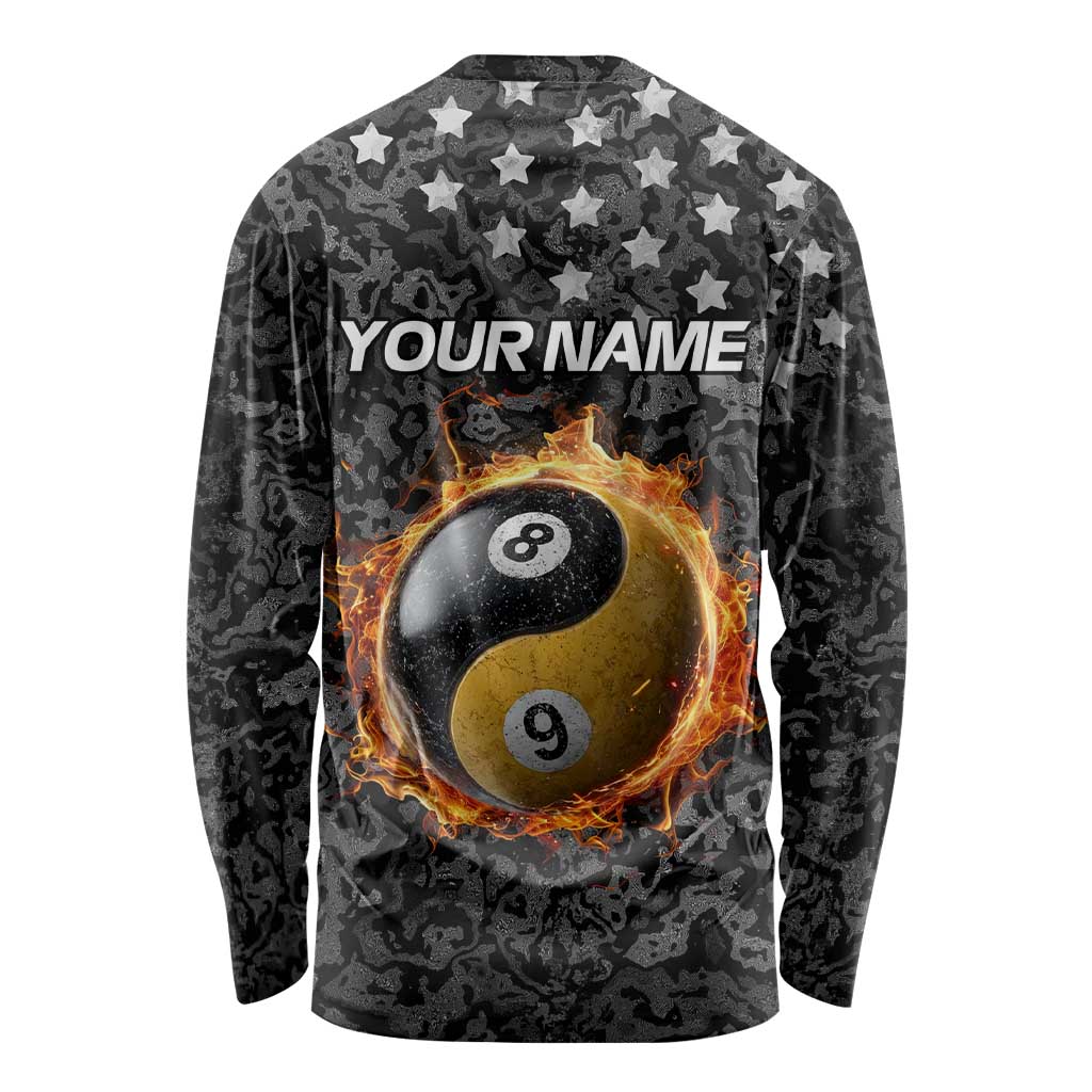 Personalized Yin Yang Billiards Long Sleeve Shirt 8 Ball and 9 Ball in Fiery Black Camo Pattern - Wonder Print Shop