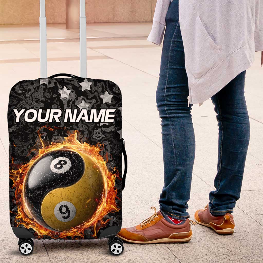 Personalized Yin Yang Billiards Luggage Cover 8 Ball and 9 Ball in Fiery Black Camo Pattern - Wonder Print Shop