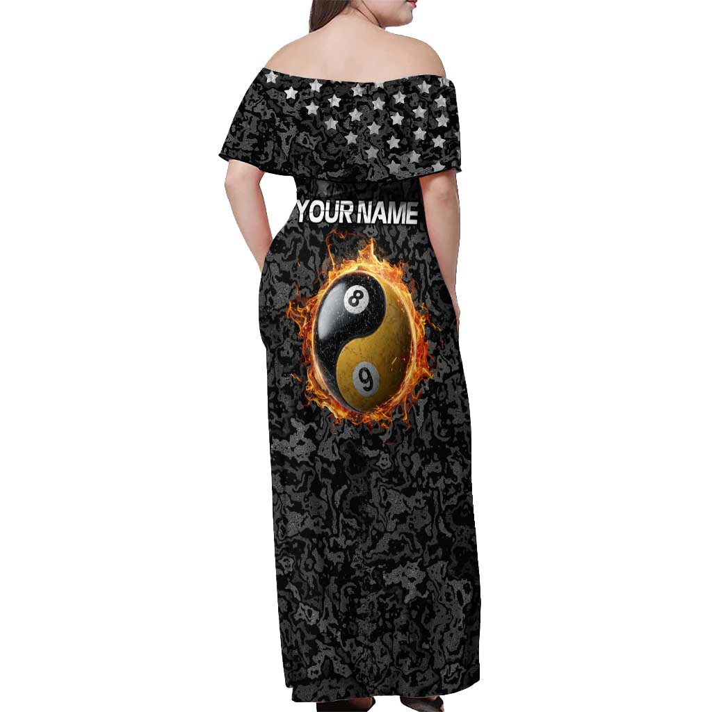 Personalized Yin Yang Billiards Off Shoulder Maxi Dress 8 Ball and 9 Ball in Fiery Black Camo Pattern - Wonder Print Shop