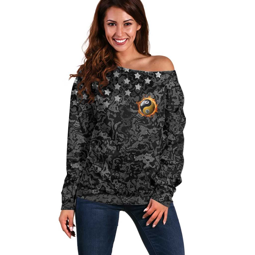 Personalized Yin Yang Billiards Off Shoulder Sweater 8 Ball and 9 Ball in Fiery Black Camo Pattern - Wonder Print Shop
