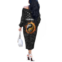 Personalized Yin Yang Billiards Off The Shoulder Long Sleeve Dress 8 Ball and 9 Ball in Fiery Black Camo Pattern - Wonder Print Shop