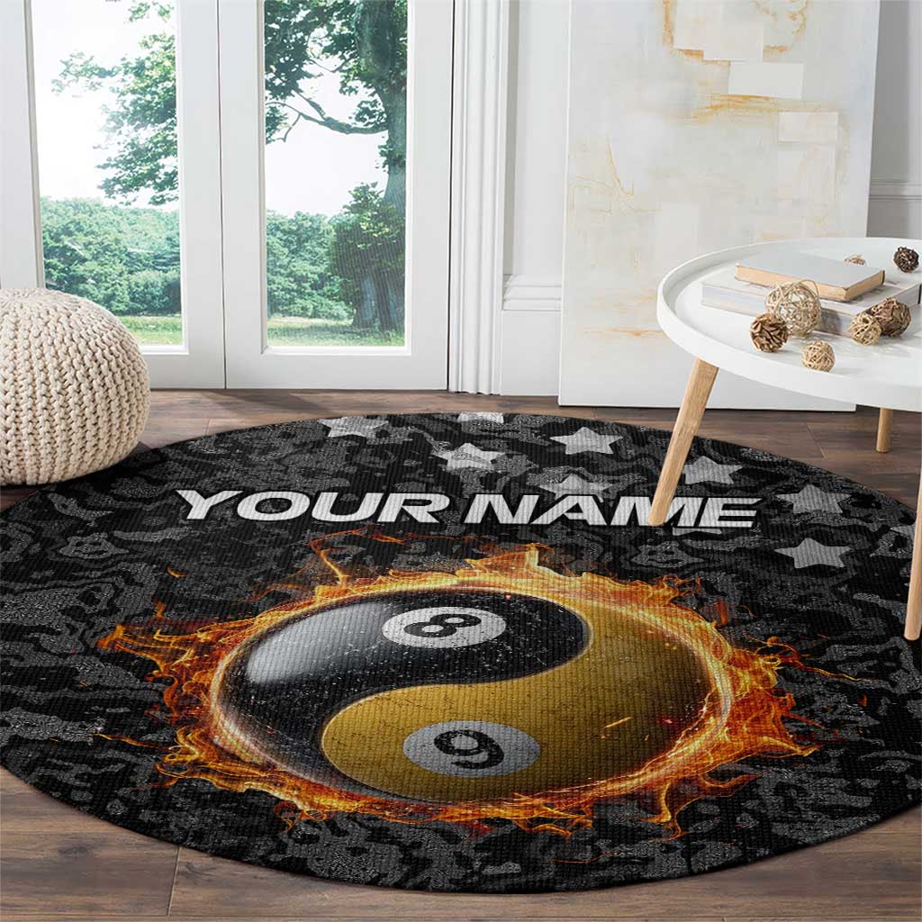 Personalized Yin Yang Billiards Round Carpet 8 Ball and 9 Ball in Fiery Black Camo Pattern - Wonder Print Shop
