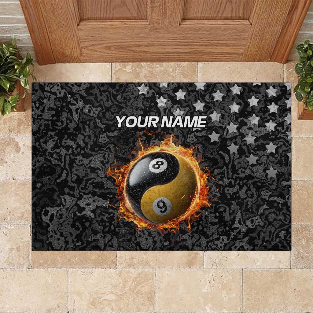 Personalized Yin Yang Billiards Rubber Doormat 8 Ball and 9 Ball in Fiery Black Camo Pattern - Wonder Print Shop