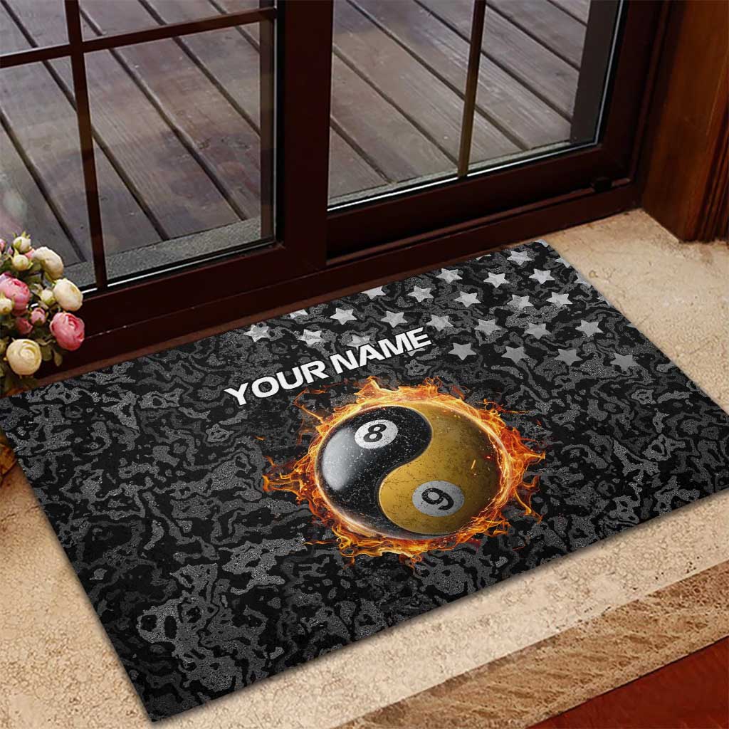 Personalized Yin Yang Billiards Rubber Doormat 8 Ball and 9 Ball in Fiery Black Camo Pattern - Wonder Print Shop