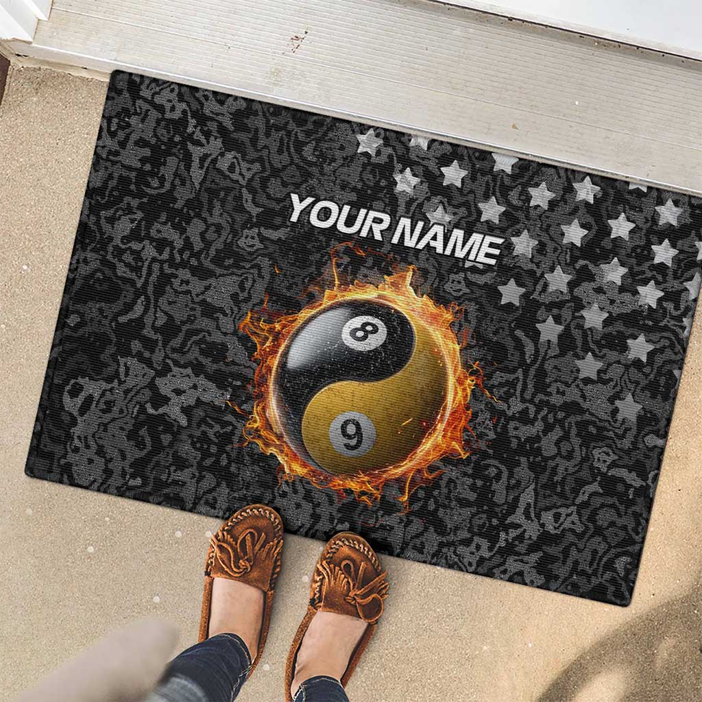 Personalized Yin Yang Billiards Rubber Doormat 8 Ball and 9 Ball in Fiery Black Camo Pattern - Wonder Print Shop