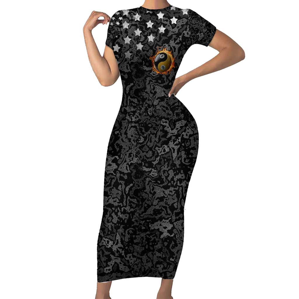 Personalized Yin Yang Billiards Short Sleeve Bodycon Dress 8 Ball and 9 Ball in Fiery Black Camo Pattern - Wonder Print Shop