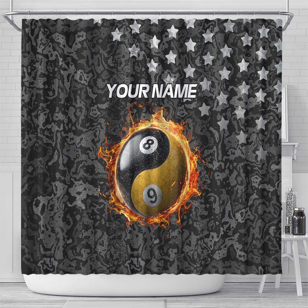 Personalized Yin Yang Billiards Shower Curtain 8 Ball and 9 Ball in Fiery Black Camo Pattern - Wonder Print Shop