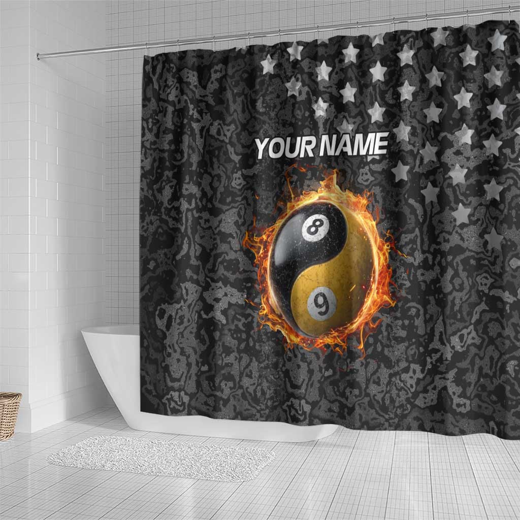 Personalized Yin Yang Billiards Shower Curtain 8 Ball and 9 Ball in Fiery Black Camo Pattern - Wonder Print Shop