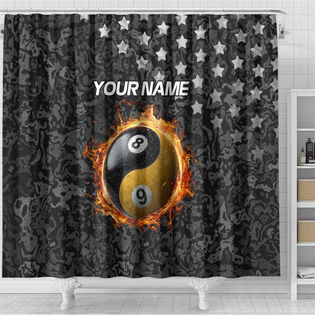 Personalized Yin Yang Billiards Shower Curtain 8 Ball and 9 Ball in Fiery Black Camo Pattern - Wonder Print Shop