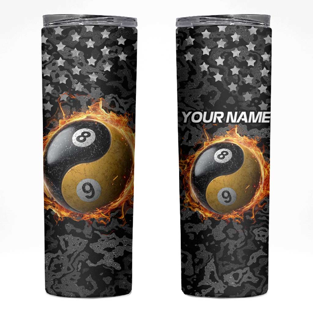 Personalized Yin Yang Billiards Skinny Tumbler 8 Ball and 9 Ball in Fiery Black Camo Pattern - Wonder Print Shop