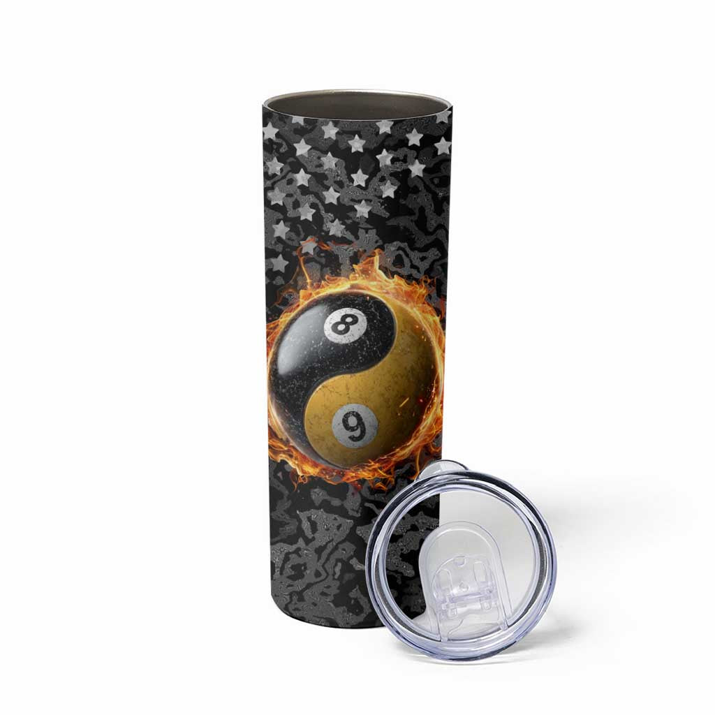 Personalized Yin Yang Billiards Skinny Tumbler 8 Ball and 9 Ball in Fiery Black Camo Pattern - Wonder Print Shop