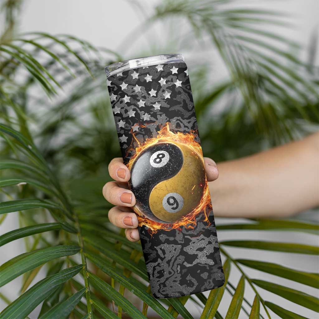 Personalized Yin Yang Billiards Skinny Tumbler 8 Ball and 9 Ball in Fiery Black Camo Pattern - Wonder Print Shop