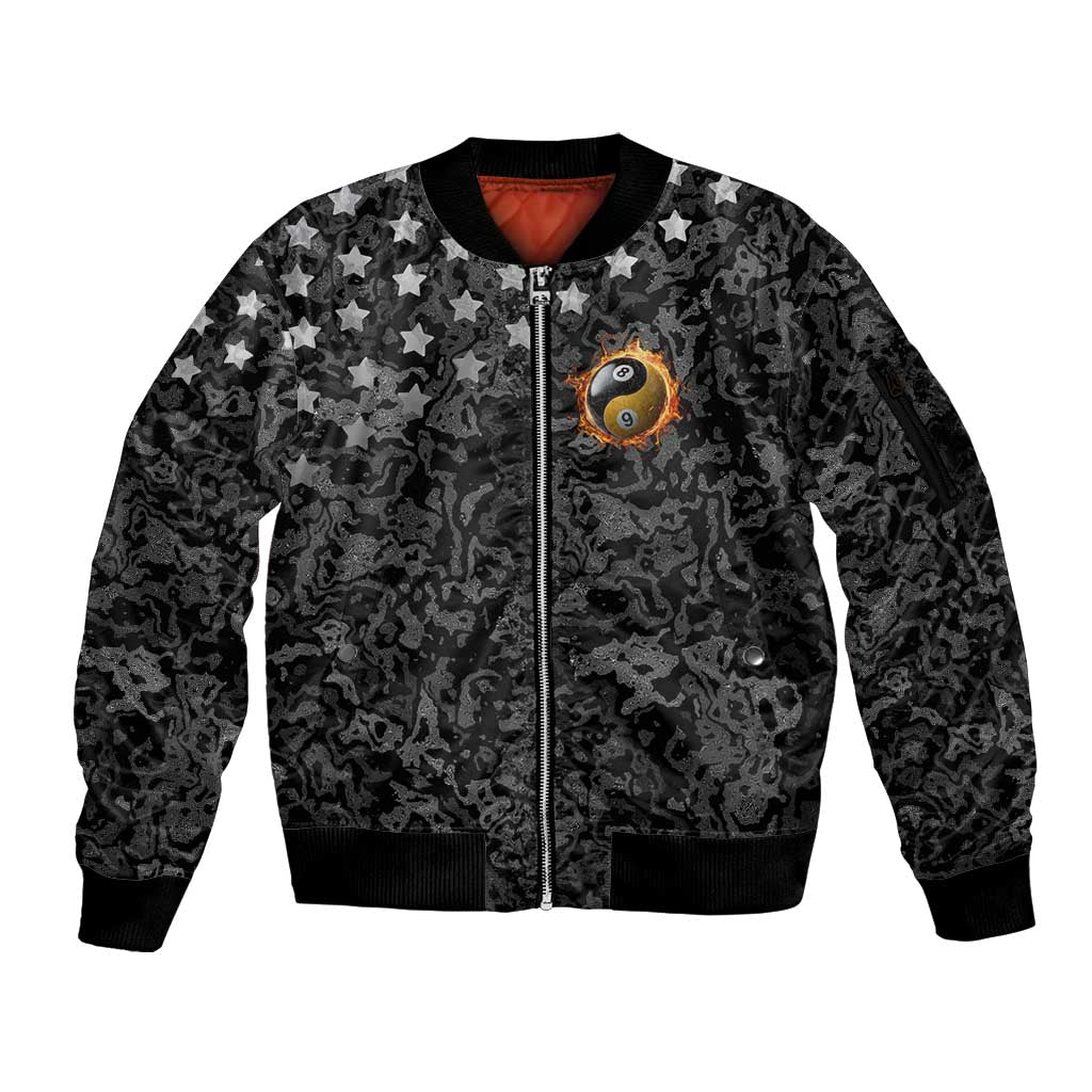 Personalized Yin Yang Billiards Sleeve Zip Bomber Jacket 8 Ball and 9 Ball in Fiery Black Camo Pattern - Wonder Print Shop
