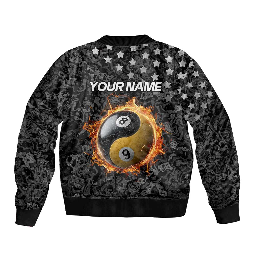 Personalized Yin Yang Billiards Sleeve Zip Bomber Jacket 8 Ball and 9 Ball in Fiery Black Camo Pattern - Wonder Print Shop