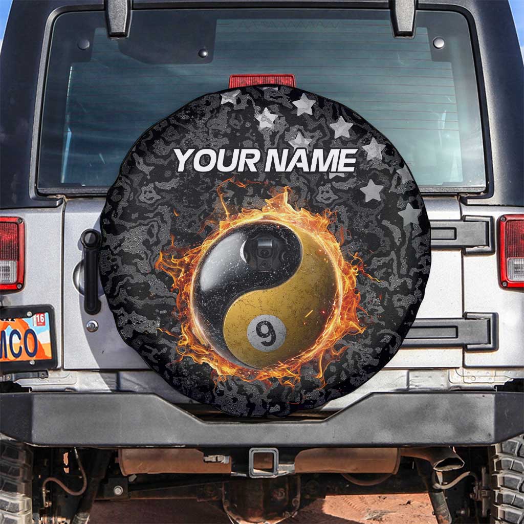 Personalized Yin Yang Billiards Spare Tire Cover 8 Ball and 9 Ball in Fiery Black Camo Pattern - Wonder Print Shop