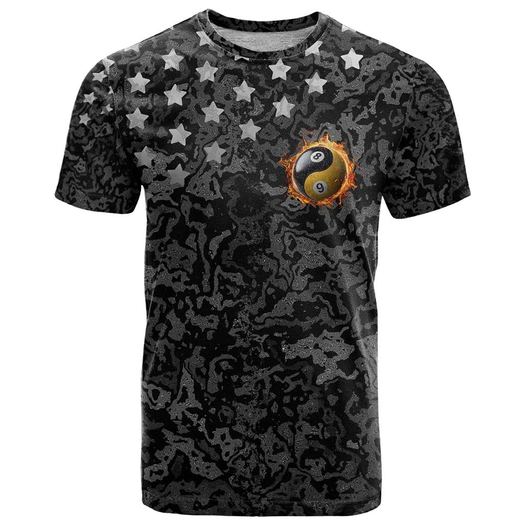 Personalized Yin Yang Billiards T Shirt 8 Ball and 9 Ball in Fiery Black Camo Pattern - Wonder Print Shop