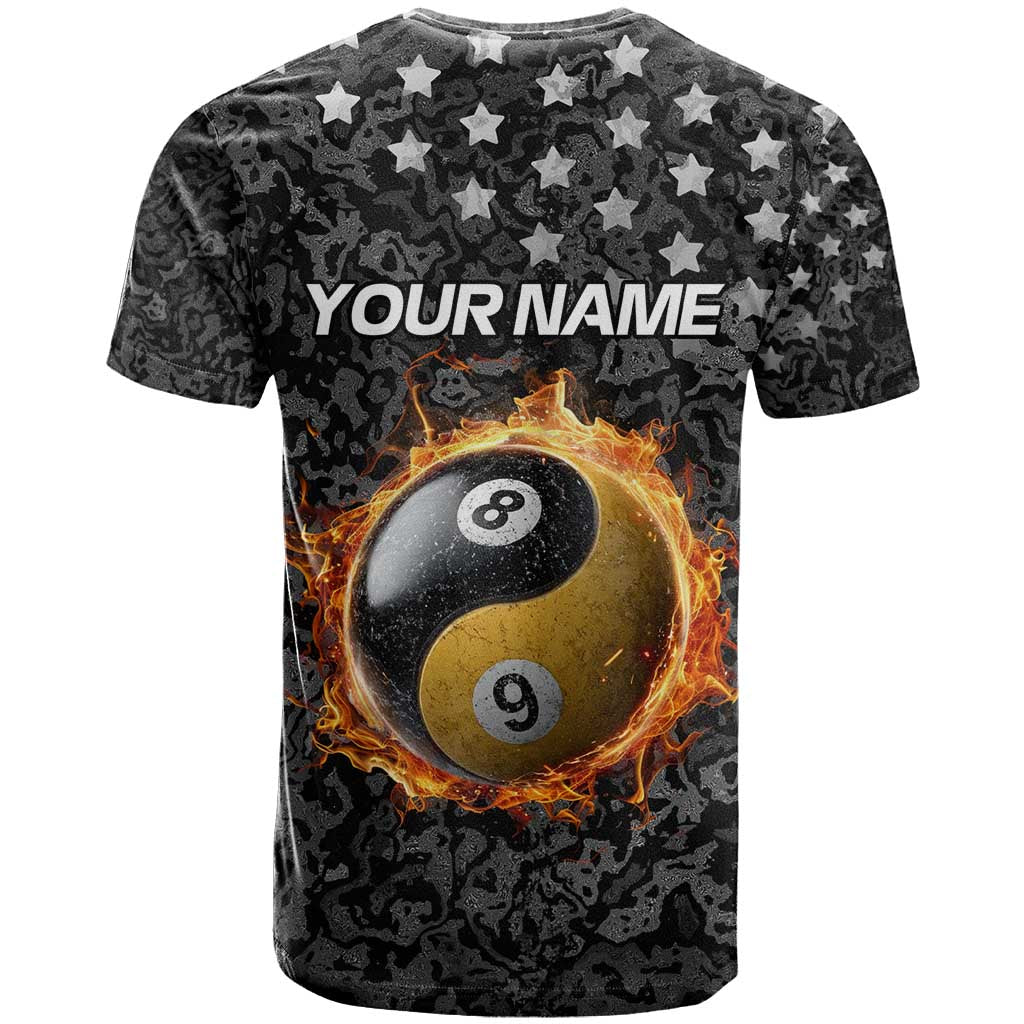 Personalized Yin Yang Billiards T Shirt 8 Ball and 9 Ball in Fiery Black Camo Pattern - Wonder Print Shop