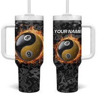 Personalized Yin Yang Billiards Tumbler With Handle 8 Ball and 9 Ball in Fiery Black Camo Pattern - Wonder Print Shop