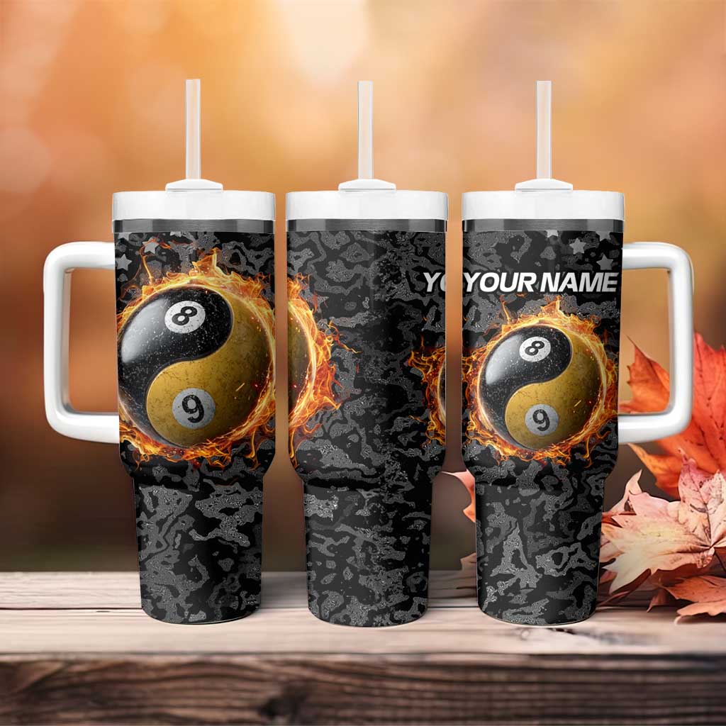 Personalized Yin Yang Billiards Tumbler With Handle 8 Ball and 9 Ball in Fiery Black Camo Pattern - Wonder Print Shop