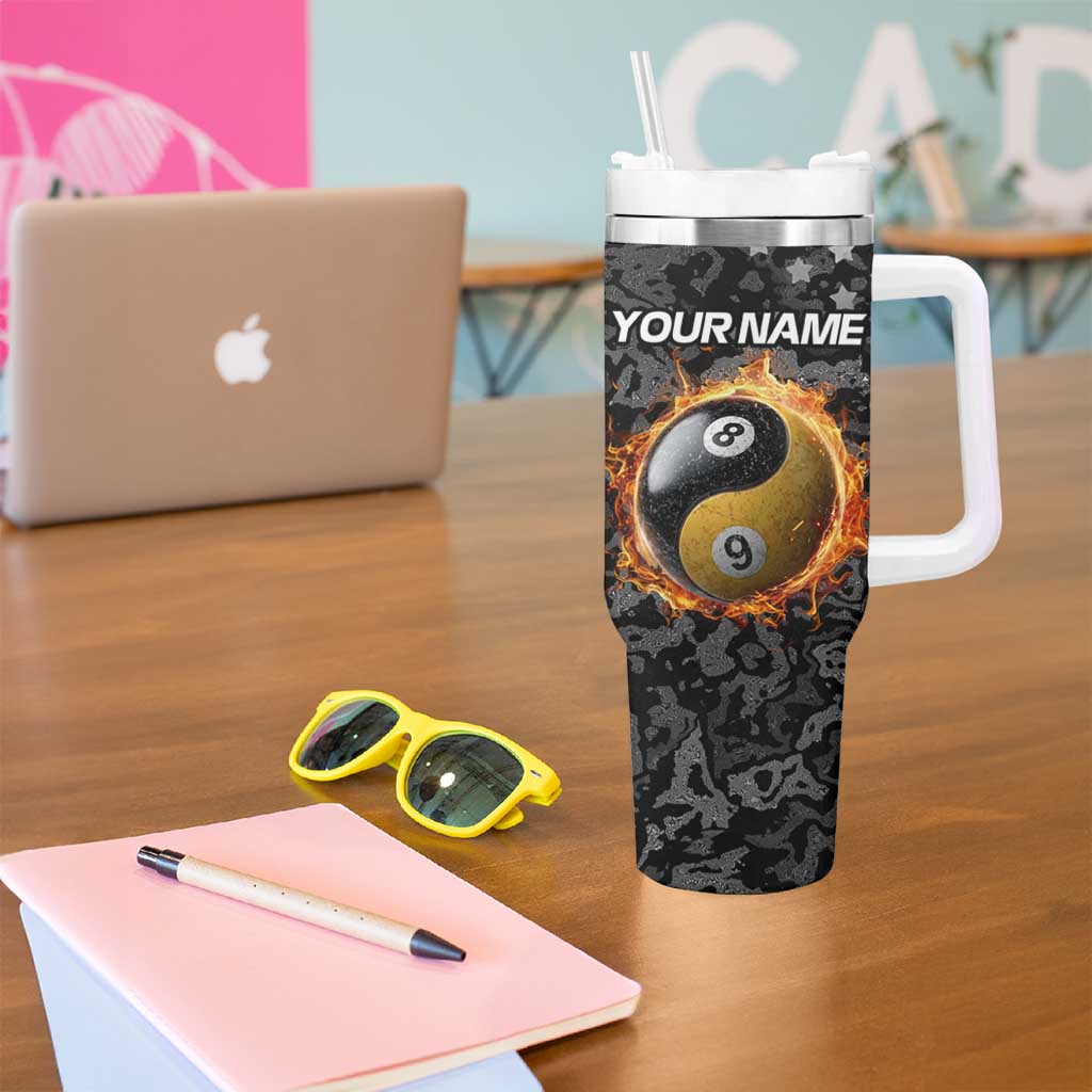 Personalized Yin Yang Billiards Tumbler With Handle 8 Ball and 9 Ball in Fiery Black Camo Pattern - Wonder Print Shop