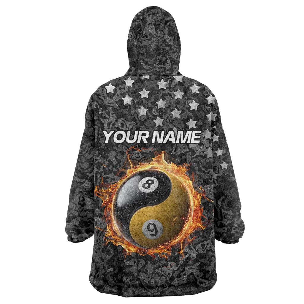 Personalized Yin Yang Billiards Wearable Blanket Hoodie 8 Ball and 9 Ball in Fiery Black Camo Pattern - Wonder Print Shop
