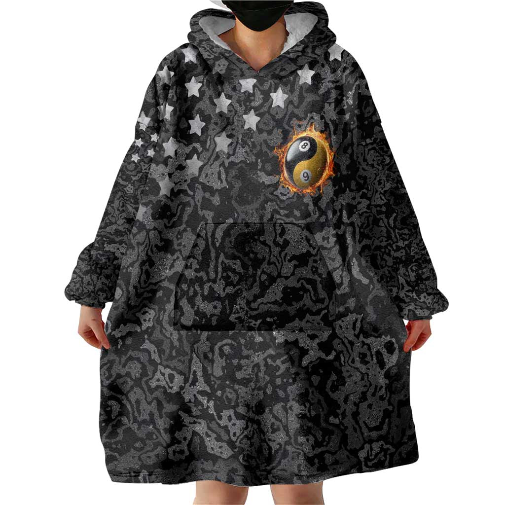 Personalized Yin Yang Billiards Wearable Blanket Hoodie 8 Ball and 9 Ball in Fiery Black Camo Pattern - Wonder Print Shop