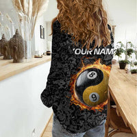 Personalized Yin Yang Billiards Women Casual Shirt 8 Ball and 9 Ball in Fiery Black Camo Pattern - Wonder Print Shop