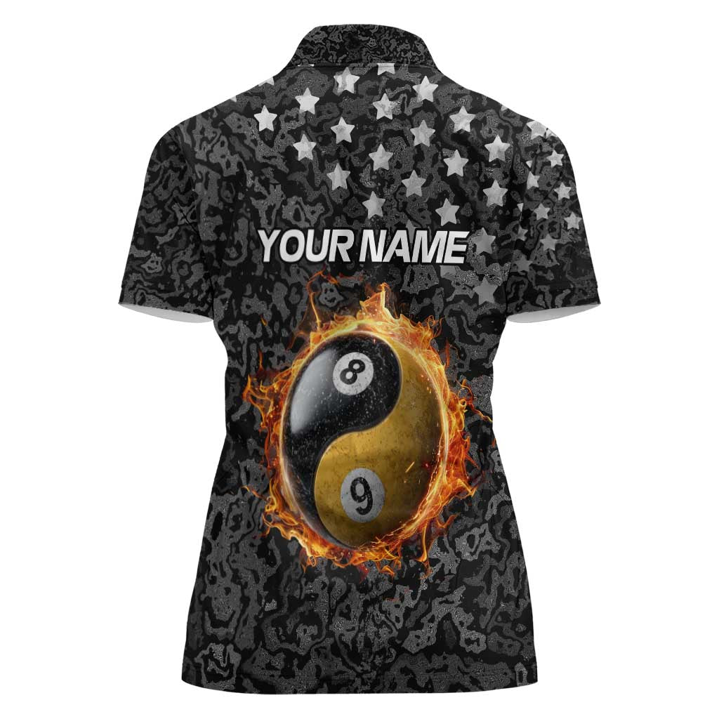 Personalized Yin Yang Billiards Women Polo Shirt 8 Ball and 9 Ball in Fiery Black Camo Pattern - Wonder Print Shop