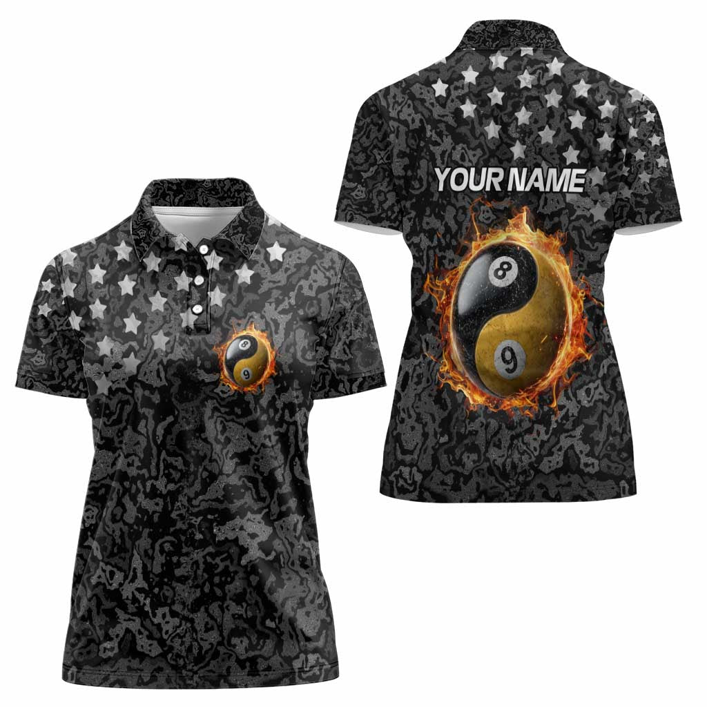 Personalized Yin Yang Billiards Women Polo Shirt 8 Ball and 9 Ball in Fiery Black Camo Pattern - Wonder Print Shop