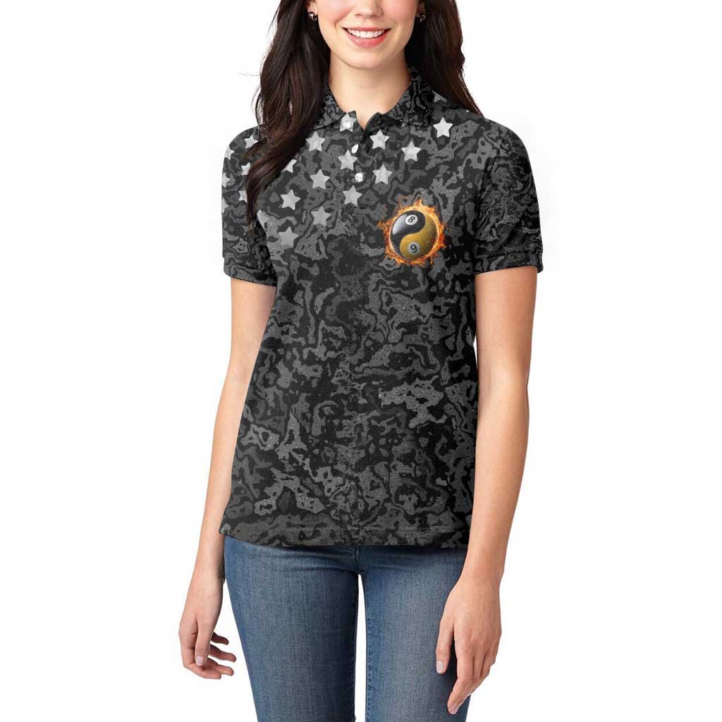 Personalized Yin Yang Billiards Women Polo Shirt 8 Ball and 9 Ball in Fiery Black Camo Pattern - Wonder Print Shop
