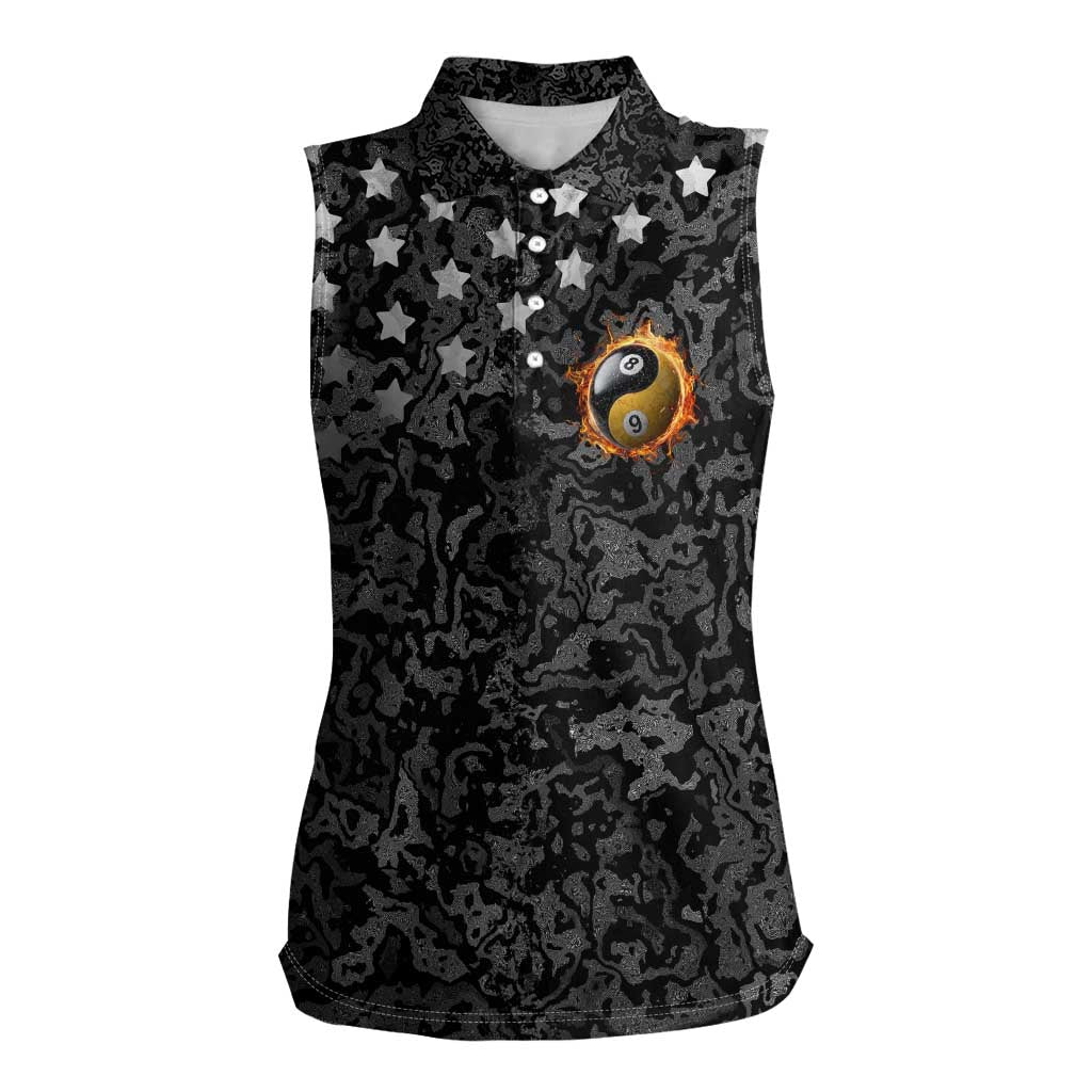 Personalized Yin Yang Billiards Women Sleeveless Polo Shirt 8 Ball and 9 Ball in Fiery Black Camo Pattern - Wonder Print Shop