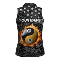 Personalized Yin Yang Billiards Women Sleeveless Polo Shirt 8 Ball and 9 Ball in Fiery Black Camo Pattern - Wonder Print Shop