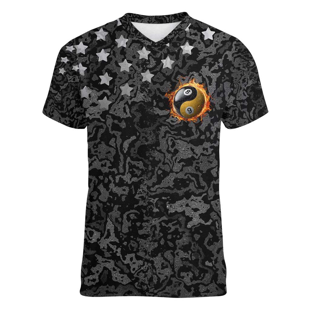 Personalized Yin Yang Billiards Women V-Neck T-Shirt 8 Ball and 9 Ball in Fiery Black Camo Pattern - Wonder Print Shop