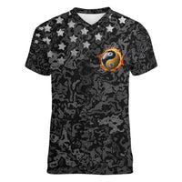 Personalized Yin Yang Billiards Women V-Neck T-Shirt 8 Ball and 9 Ball in Fiery Black Camo Pattern - Wonder Print Shop