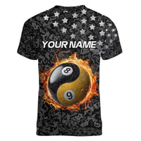 Personalized Yin Yang Billiards Women V-Neck T-Shirt 8 Ball and 9 Ball in Fiery Black Camo Pattern - Wonder Print Shop