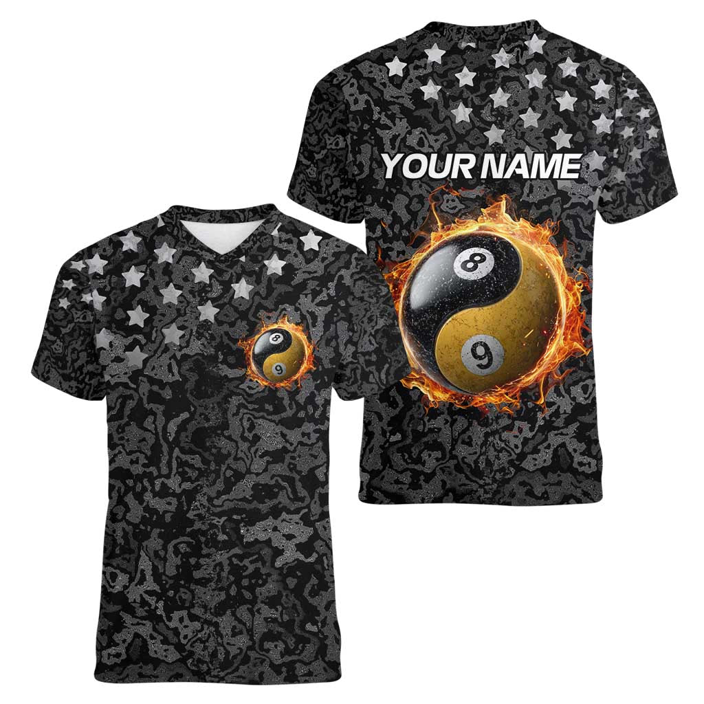 Personalized Yin Yang Billiards Women V-Neck T-Shirt 8 Ball and 9 Ball in Fiery Black Camo Pattern - Wonder Print Shop
