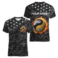 Personalized Yin Yang Billiards Women V-Neck T-Shirt 8 Ball and 9 Ball in Fiery Black Camo Pattern - Wonder Print Shop