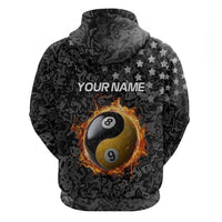 Personalized Yin Yang Billiards Zip Hoodie 8 Ball and 9 Ball in Fiery Black Camo Pattern - Wonder Print Shop