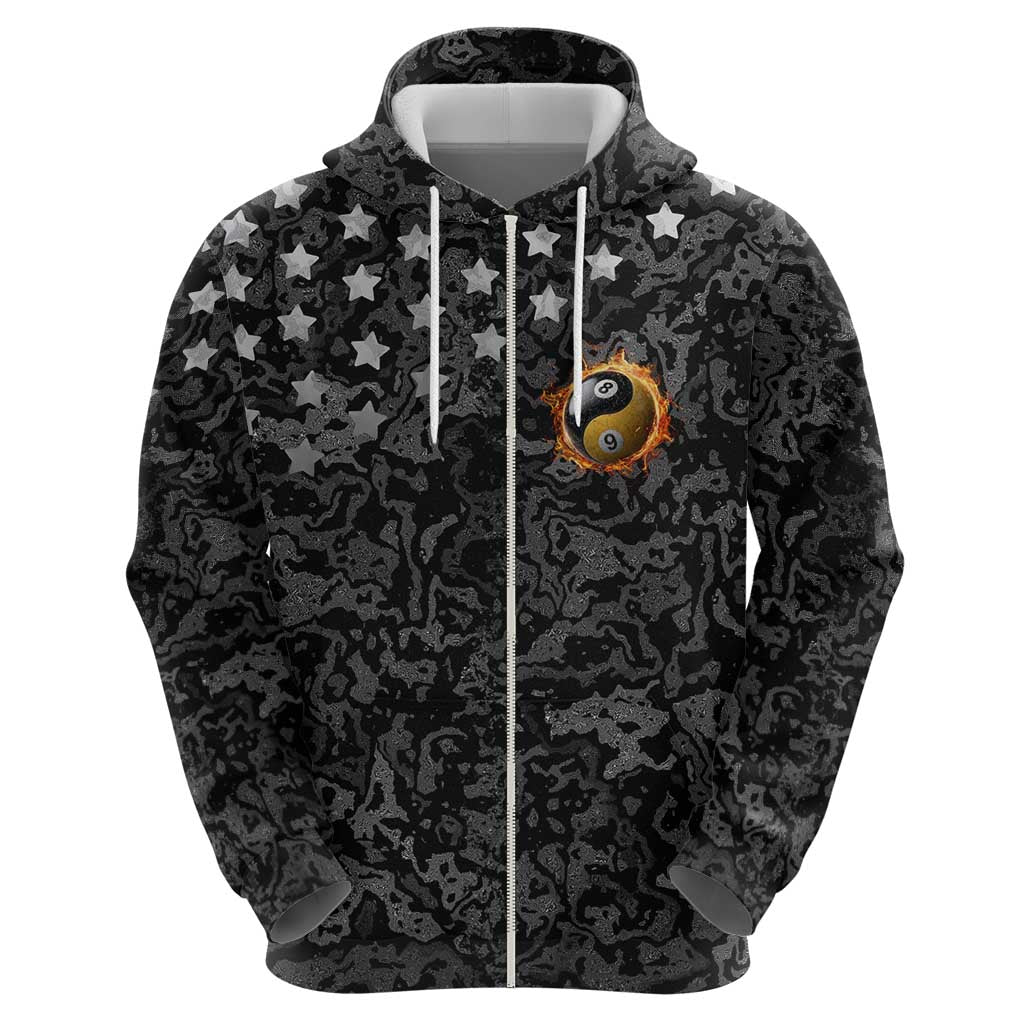 Personalized Yin Yang Billiards Zip Hoodie 8 Ball and 9 Ball in Fiery Black Camo Pattern - Wonder Print Shop