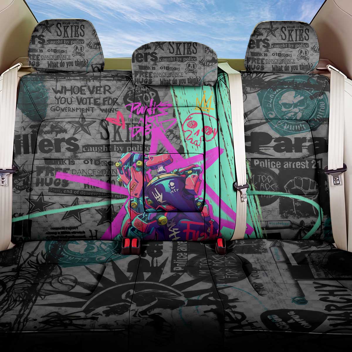 Punk Cheetah Graffiti Back Car Seat Cover with Punk Not Dead Street Art and Neon Jungle Design - Wonder Print Shop