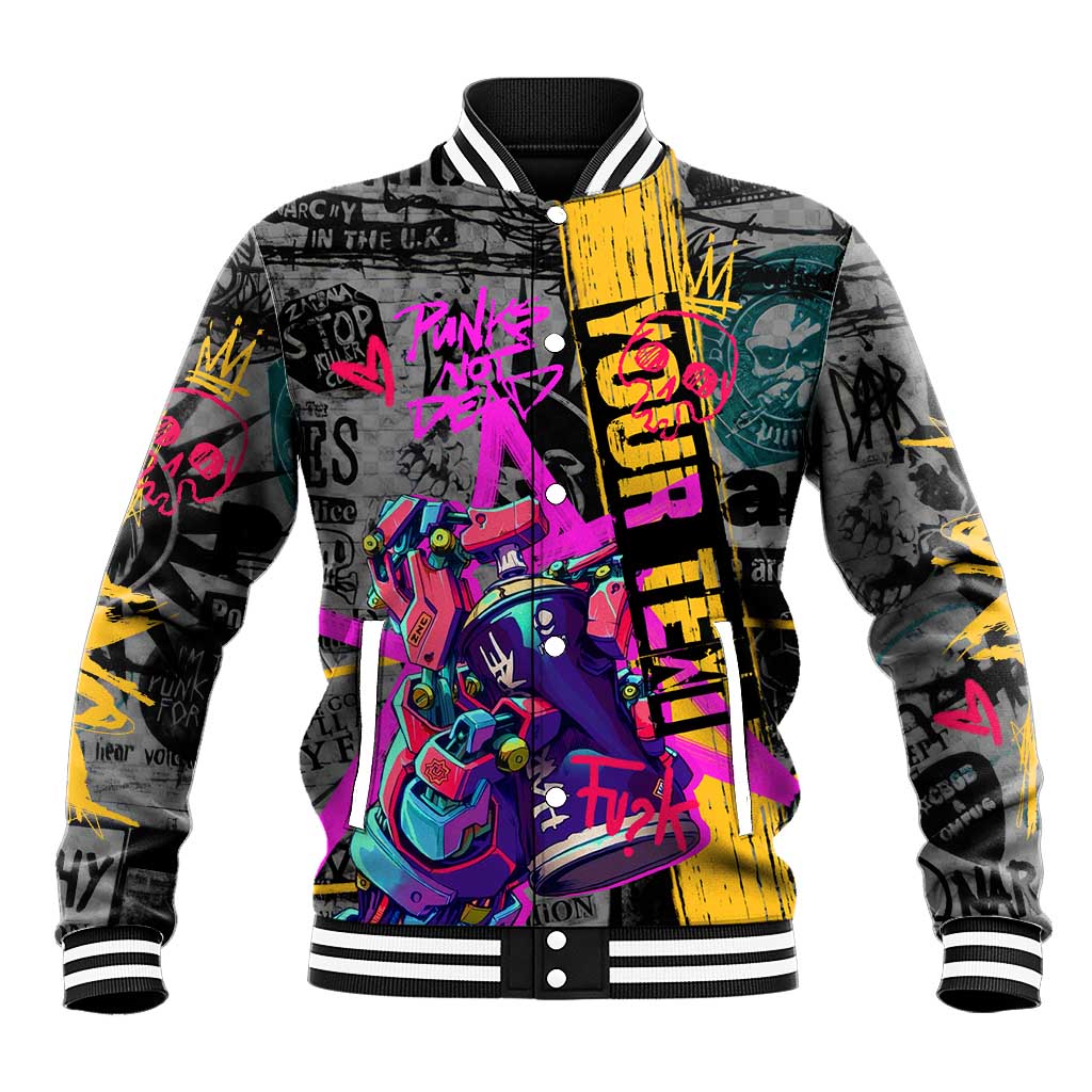 Punk Cheetah Graffiti Baseball Jacket with Punk Not Dead Street Art and Neon Jungle Design - Wonder Print Shop